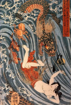 tamatori being pursued bya dragon Utagawa Kuniyoshi Ukiyo e Oil Paintings
